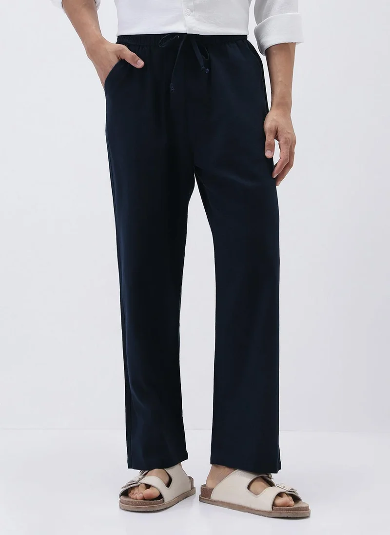 Urbano Fashion Men's Navy Loose Fit Solid Linen Blend Trousers Non-Stretchable